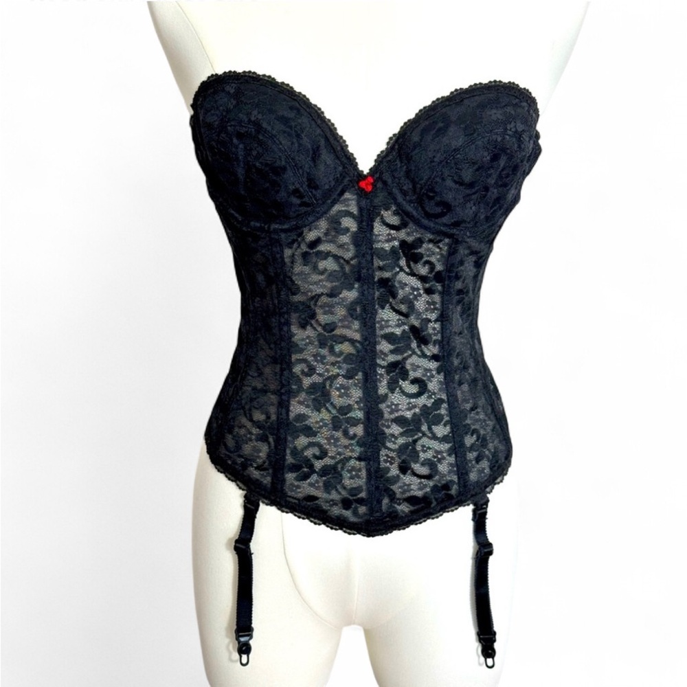 Vintage Union Made Black Lace Corset bustier - 34B - Coquette Office Siren